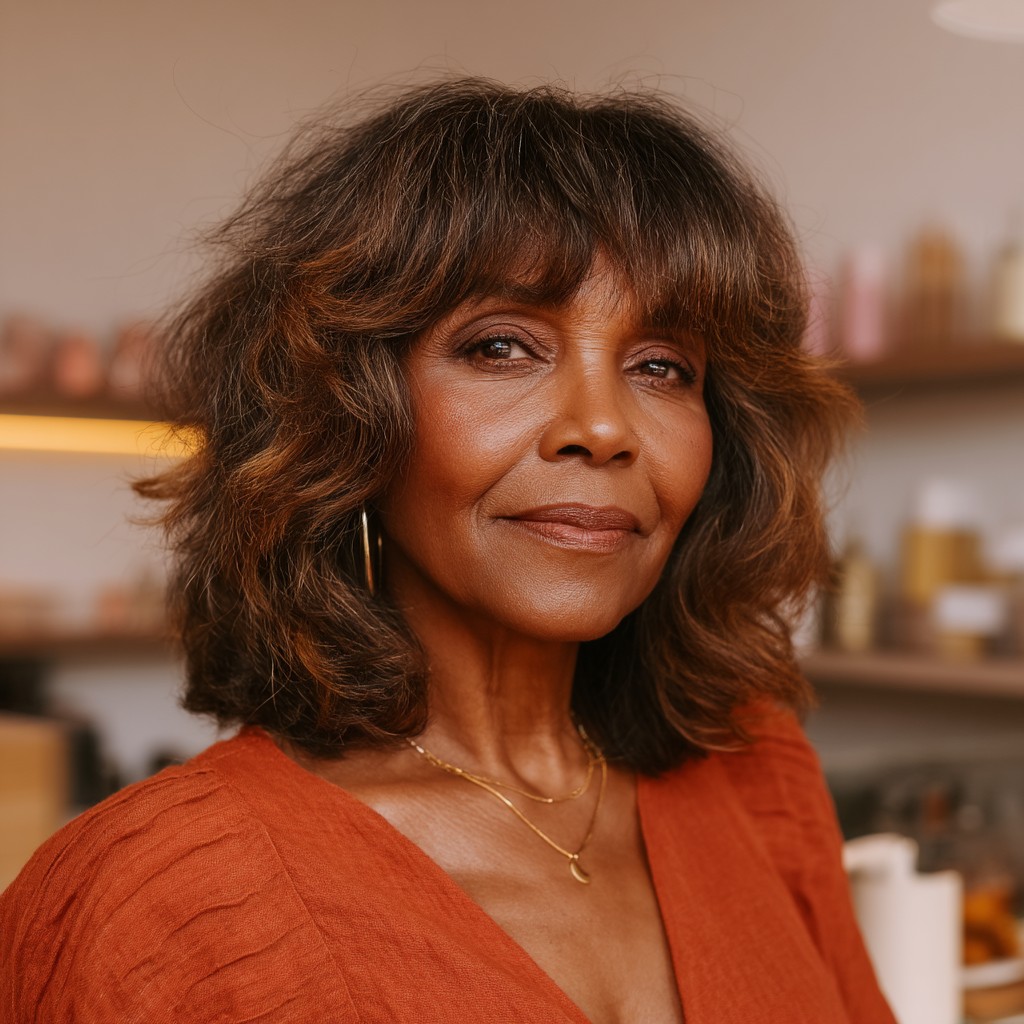 Textured Mid-Length Shag with Soft Bangs