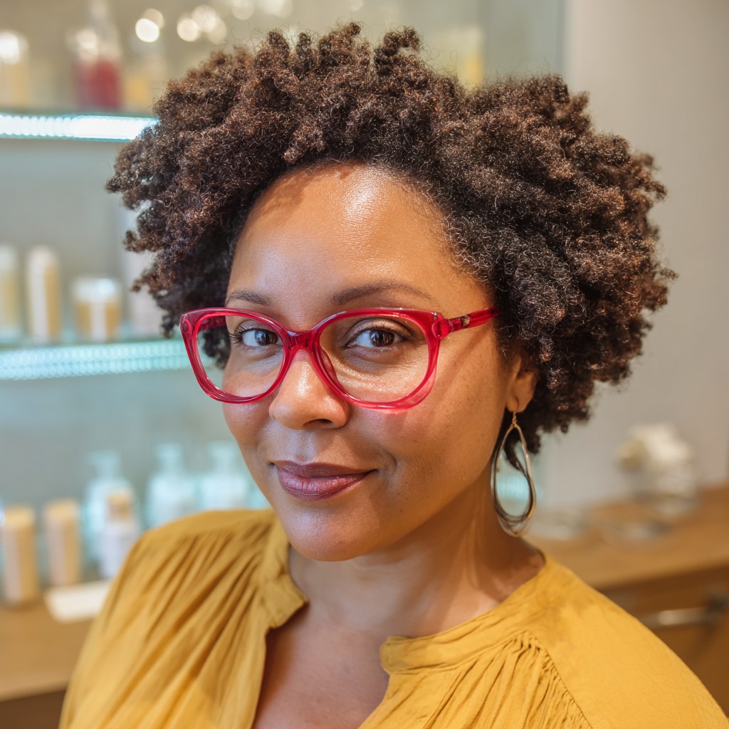 Textured Short Curly Cut with Bold Glasses