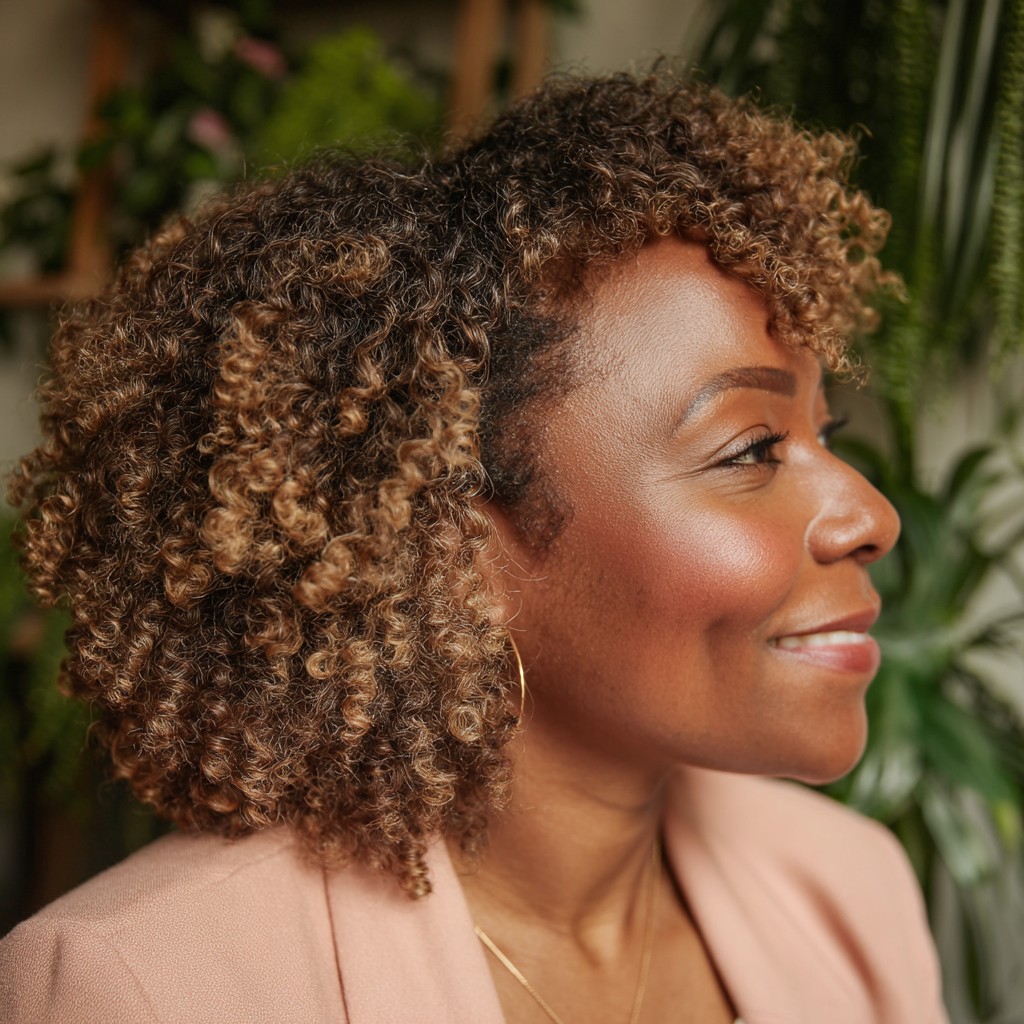 Textured Shoulder-Length Curls with Warm Highlights