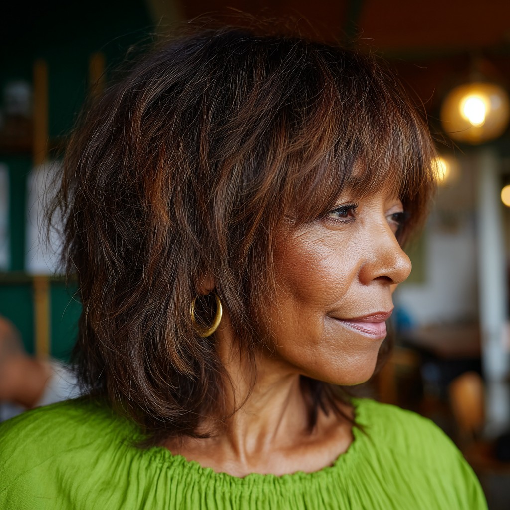 Textured Shoulder-Length Shag with Bangs