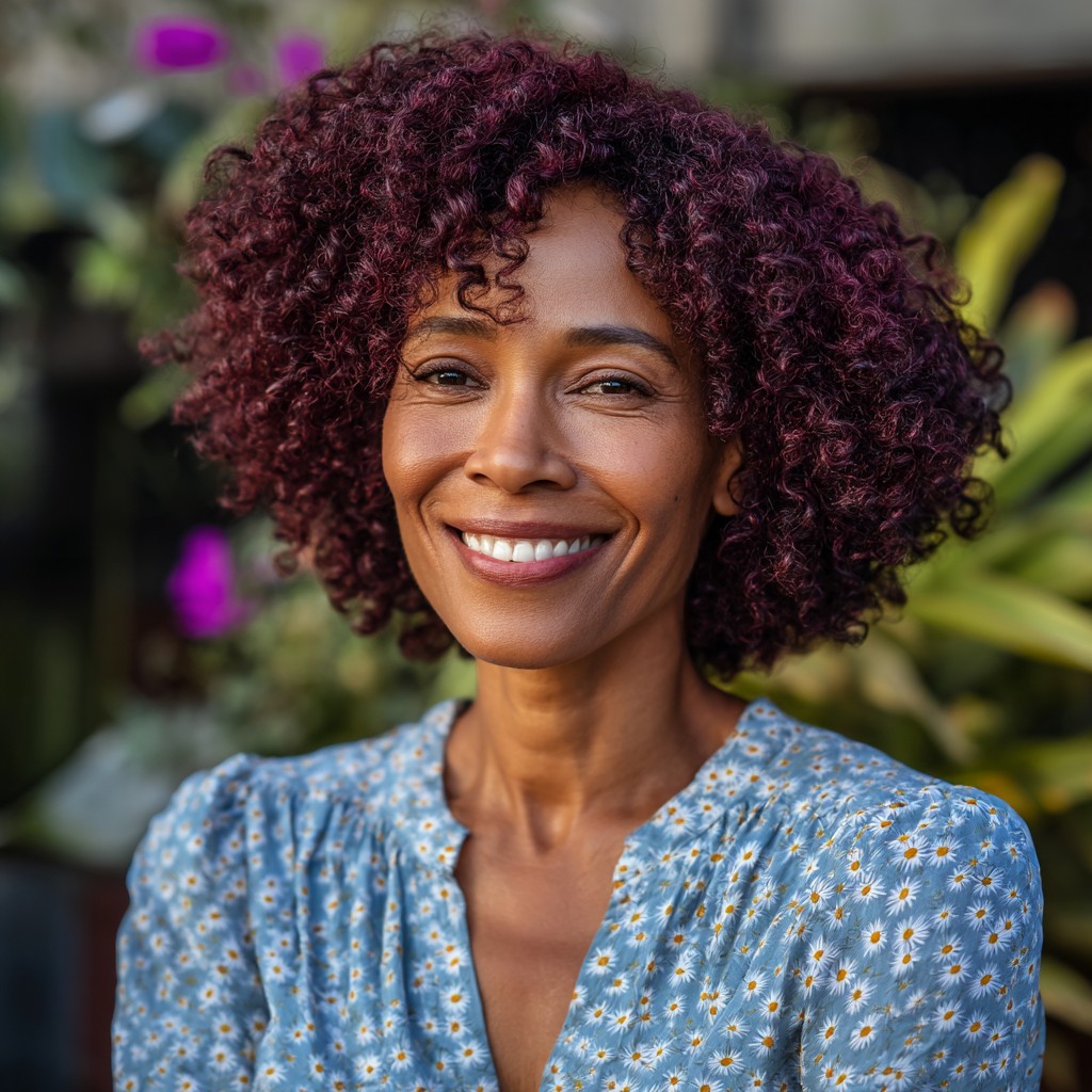 Vibrant Curly Bob with Deep Burgundy Highlights