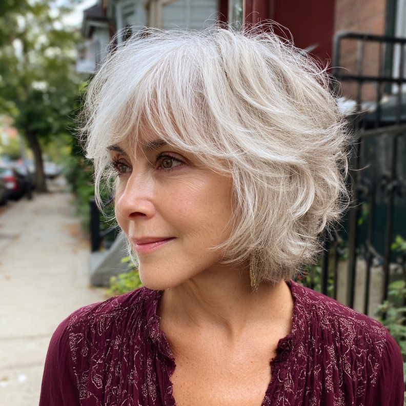 Soft Layered Silver Bob with Wispy Bangs