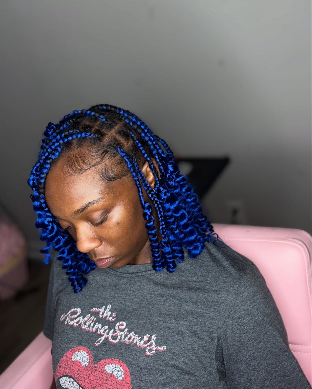 Bold Blue Knotless Box Braids with Spiraled Ends
