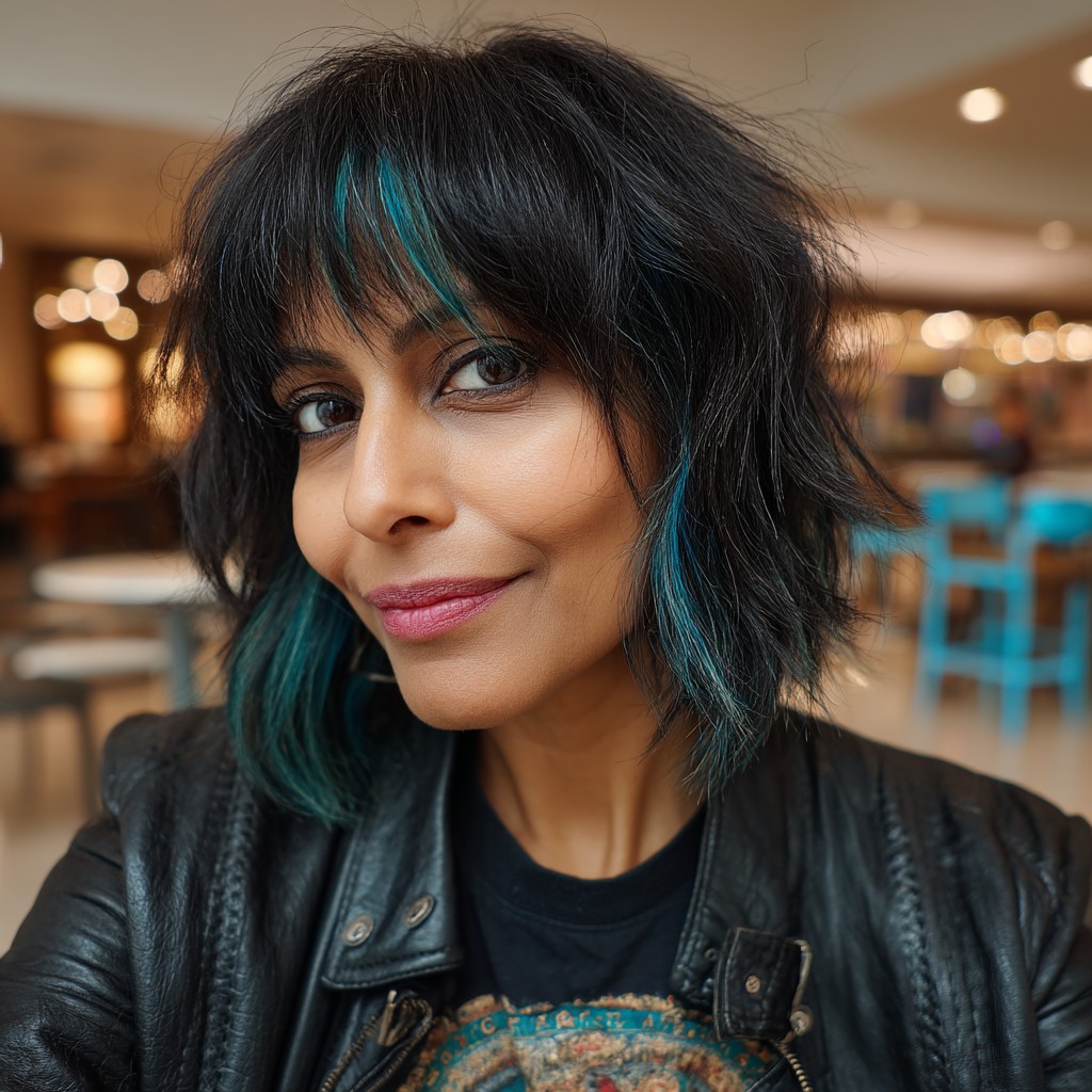 Bold Textured Shag with Vibrant Blue Highlights