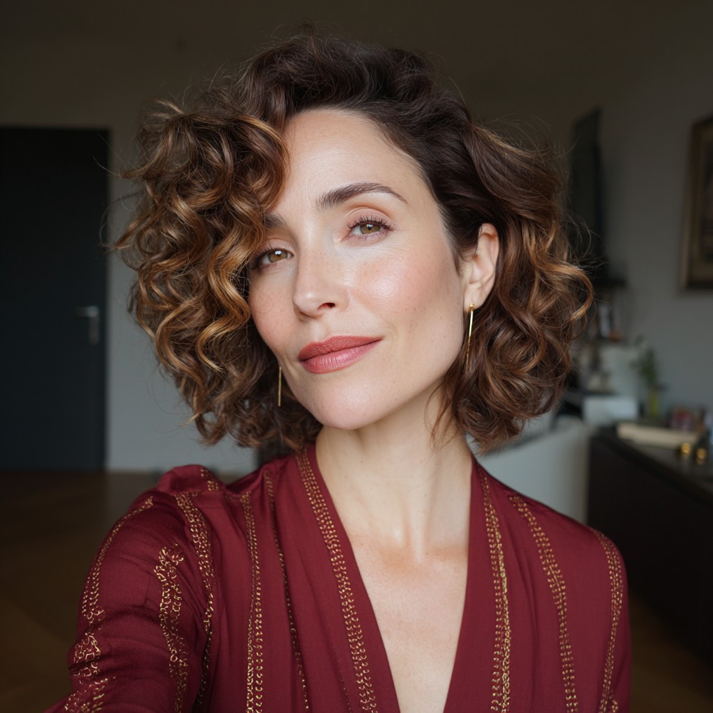 Chic Curly Bob with Warm Highlights