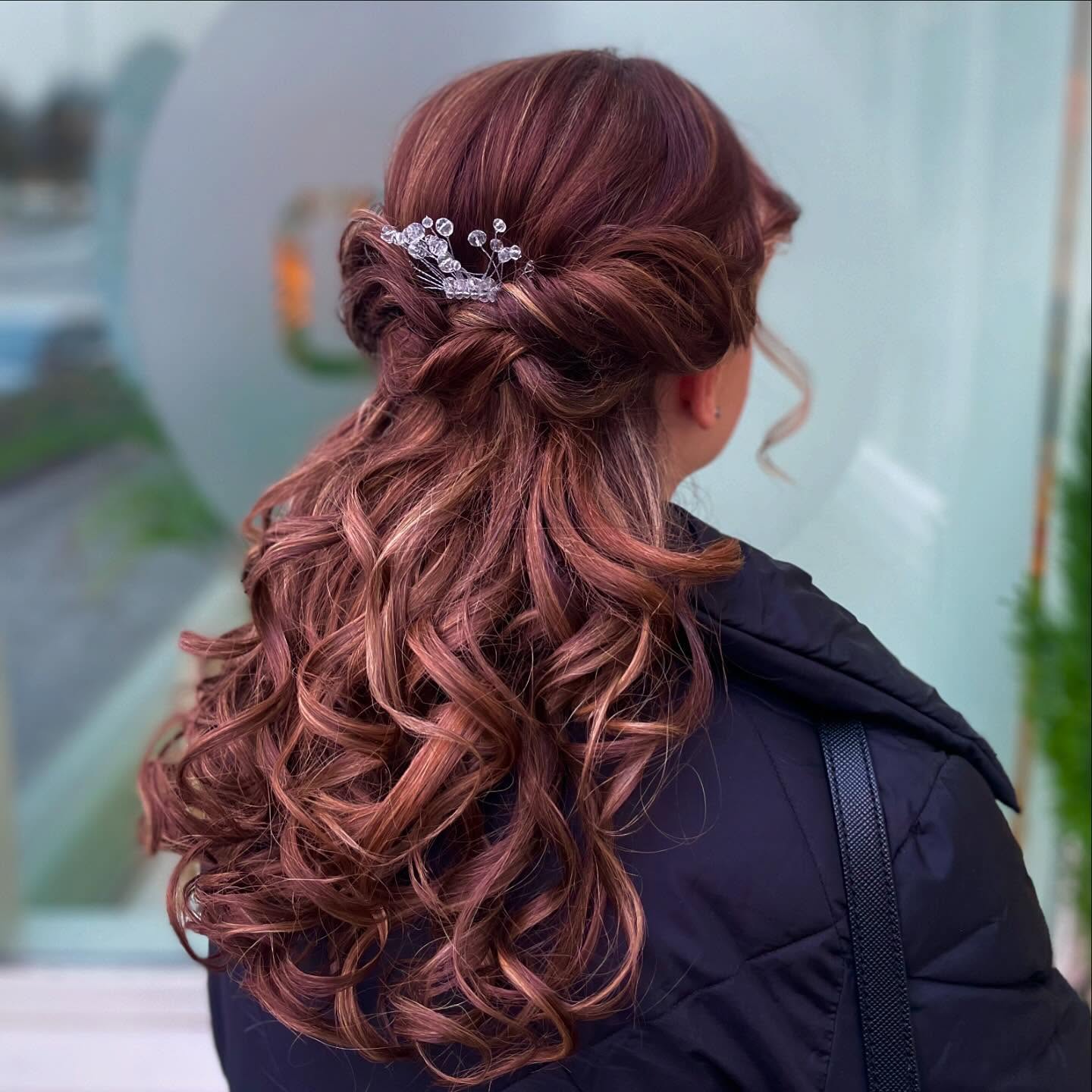 Chic Half-Up Half-Down Curls with Crystal Accent