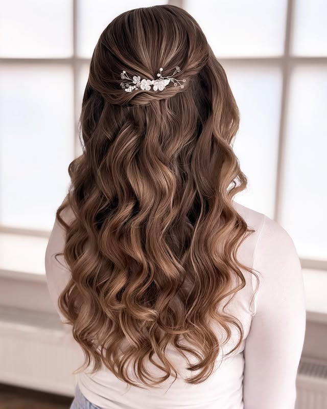 Chic Half-Up Half-Down Textured Curls with Floral Accents