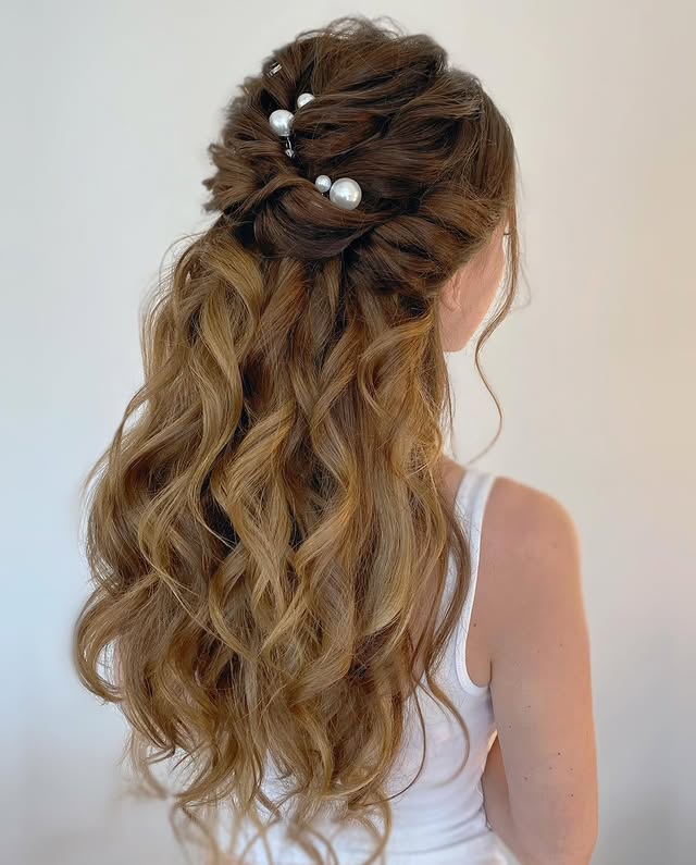 Chic Half-Up Half-Down Twisted Curls with Pearl Accents