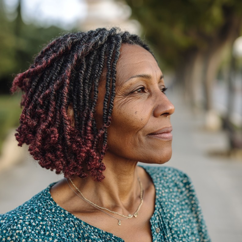 Chic Short Twisted Braids with Rich Burgundy Highlights