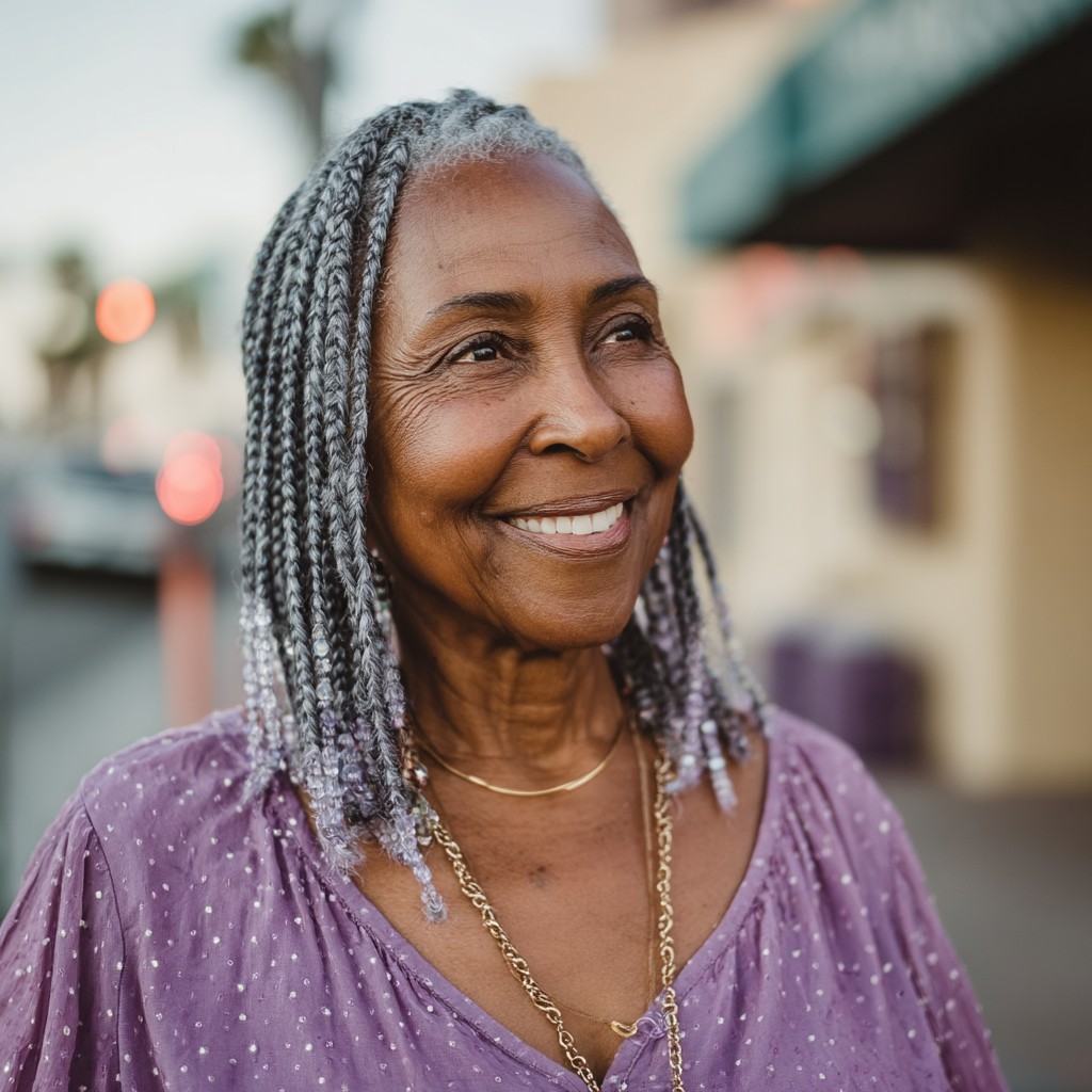 Chic Silver Box Braids with Subtle Highlights