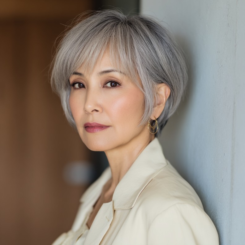 Chic Textured Grey Bob with Soft Bangs