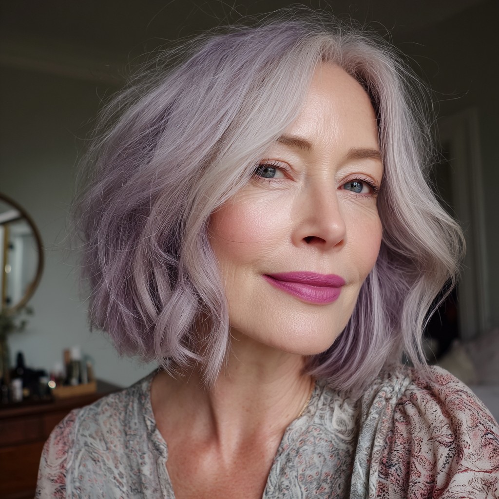 Chic Textured Long Bob with Lavender Hues