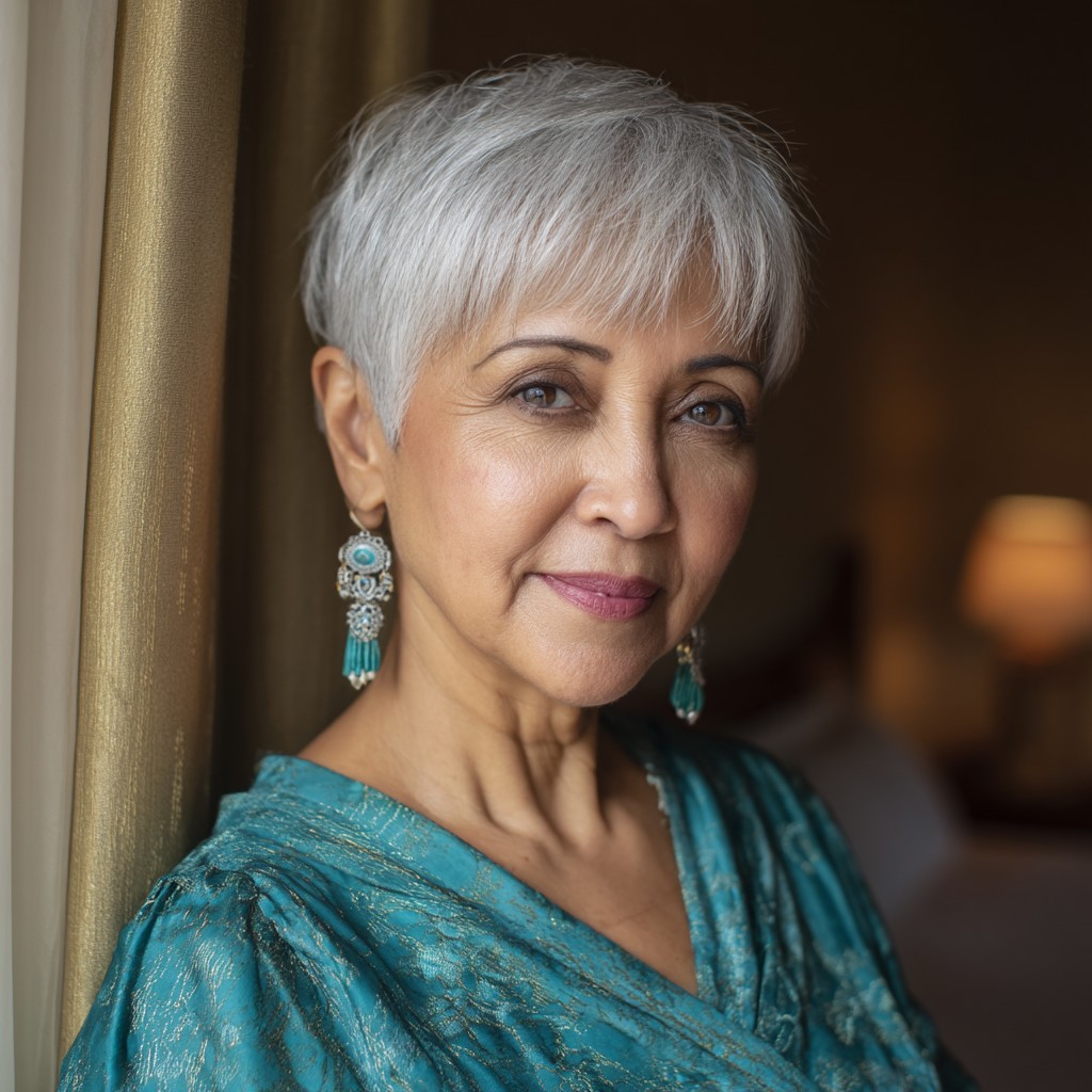 Chic Textured Silver Pixie with Soft Bangs
