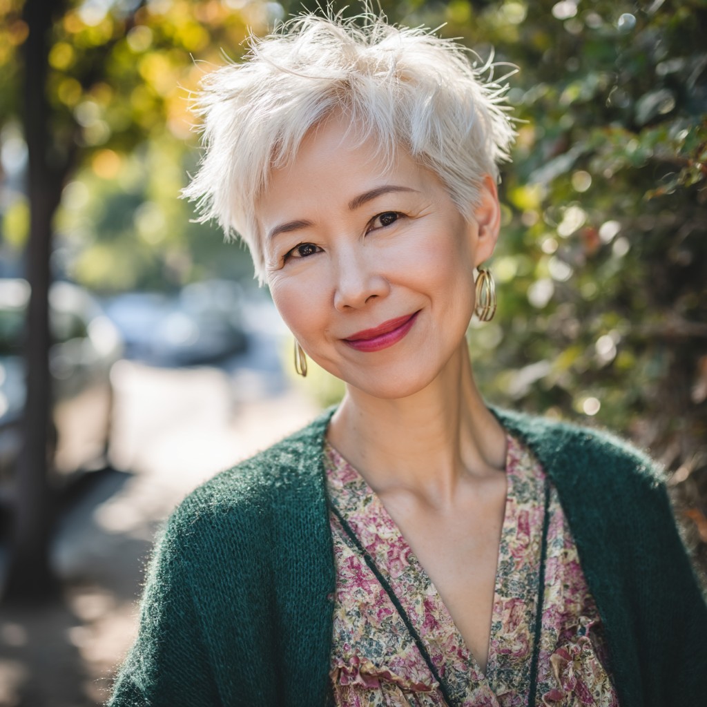Choppy Textured Pixie with Bright Platinum Highlights