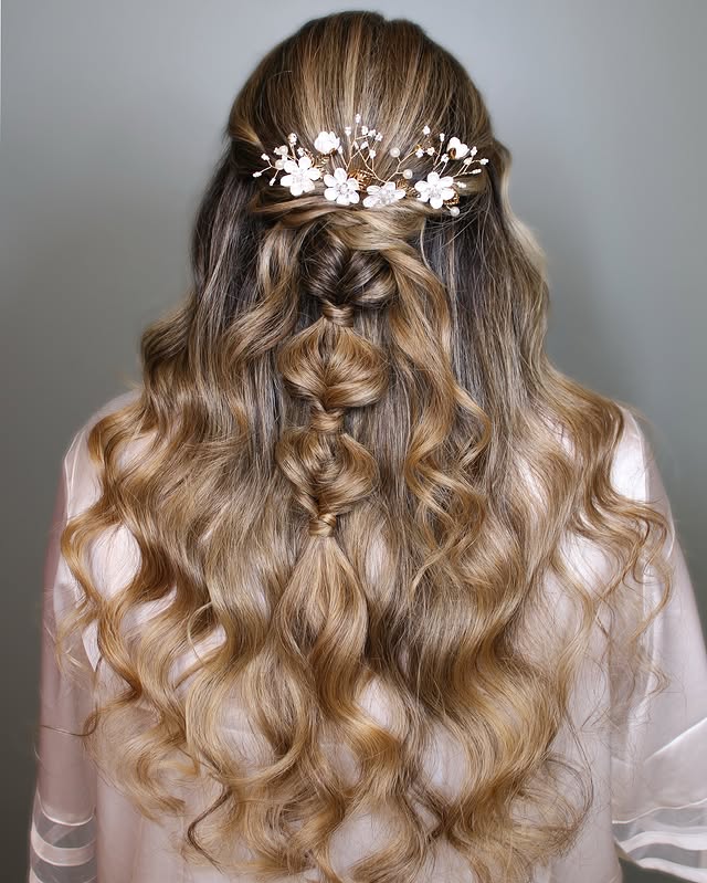 Delicate Half-Up Half-Down Twisted Waves with Floral Accents