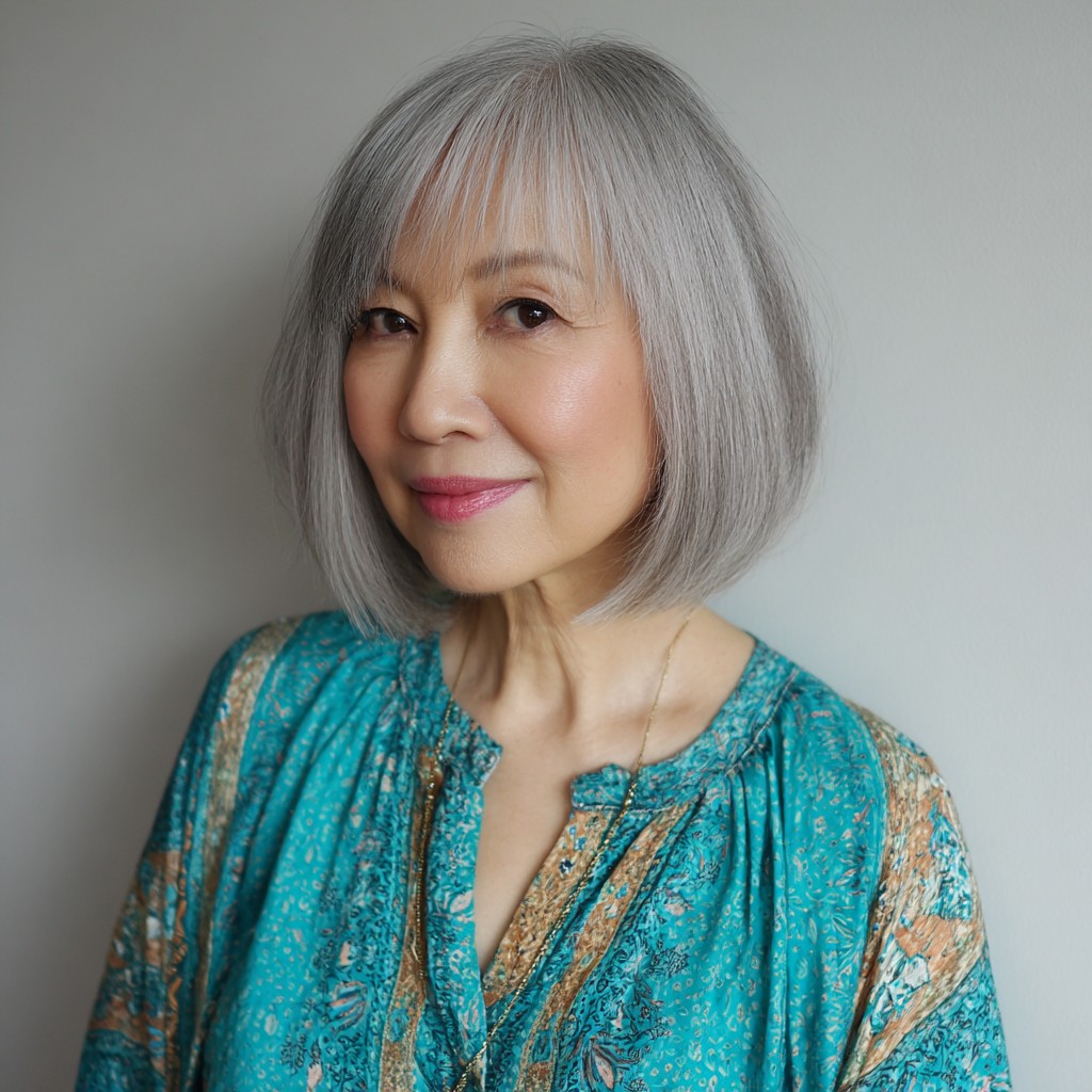 Elegant Ashy Long Bob with Subtle Bangs