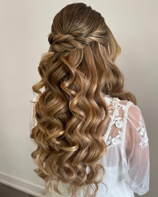 Elegant Half-Up Half-Down Curls with Twisted Accents