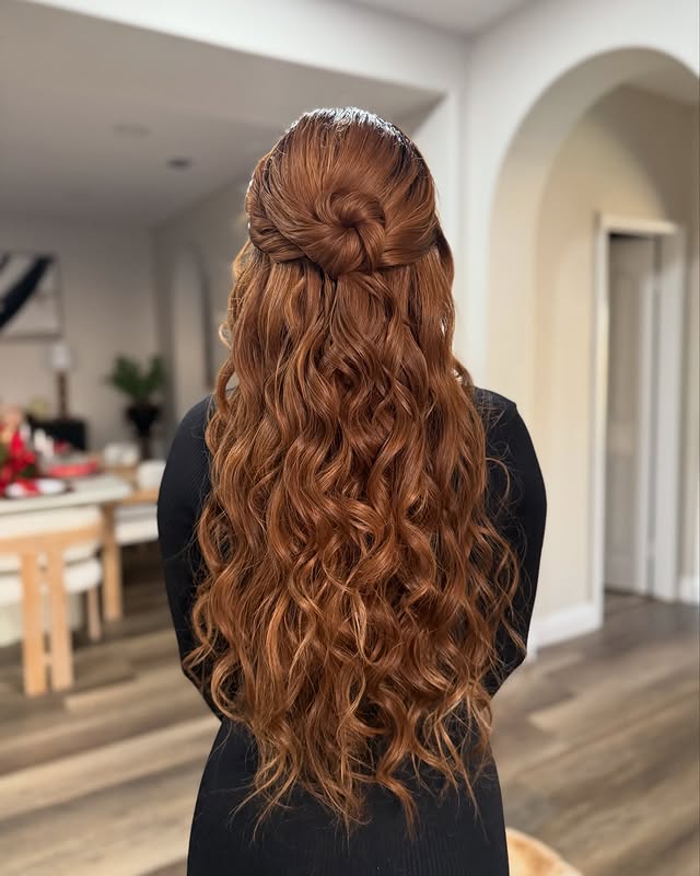 Elegant Half-Up Half-Down Twisted Curls with Bouffant Detail