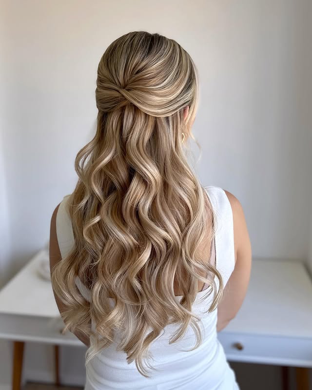Elegant Half-Up Style with Twisted Crown and Loose Curls