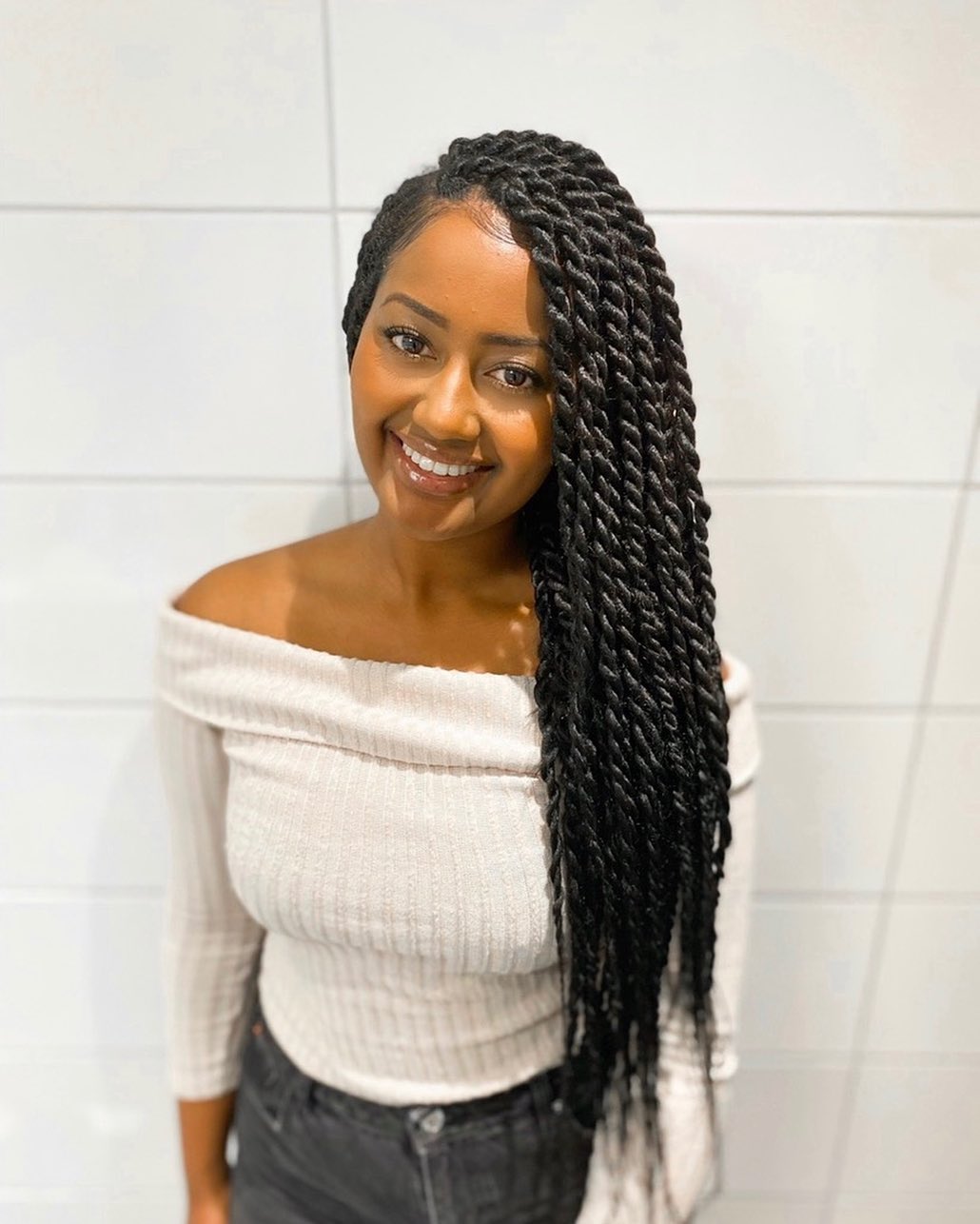 Elegant Long Senegalese Twists with Side Part