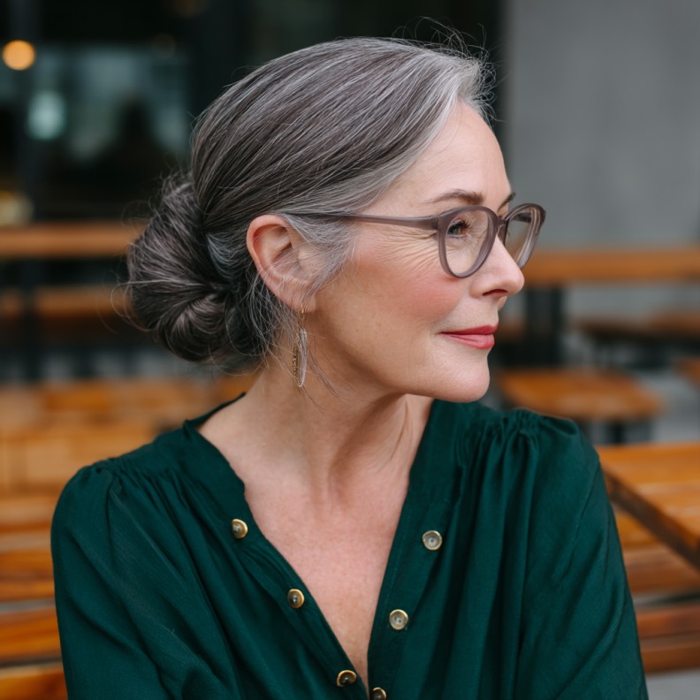Elegant Low Chignon with Subtle Gray Highlights