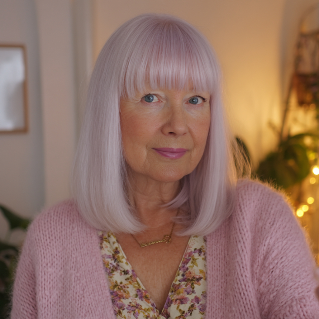 Elegant Pastel Lavender Shoulder-Length Cut with Soft Bangs