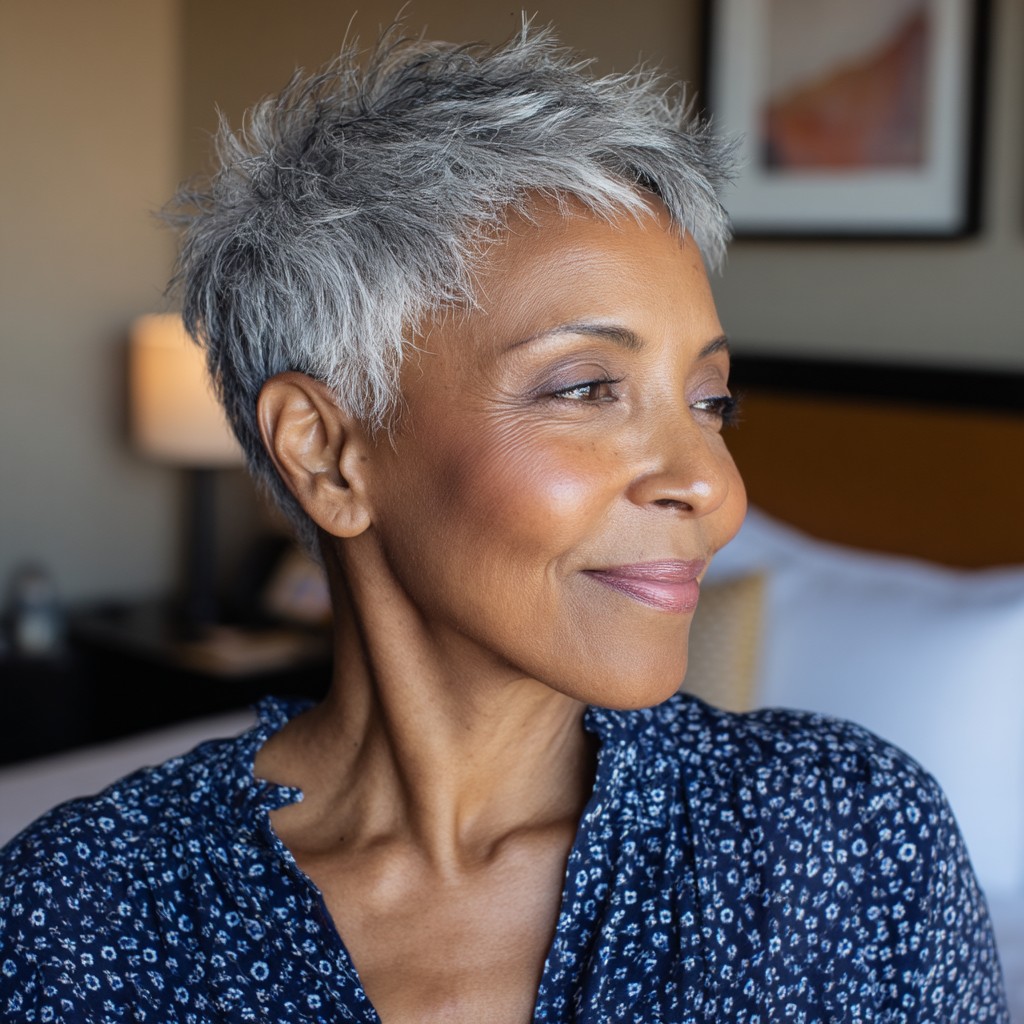 Elegant Silver Shaggy Pixie with Textured Layers