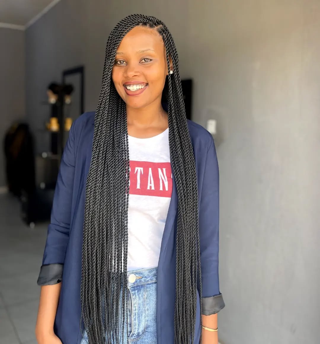 Long and Sleek Senegalese Twists with Side Part