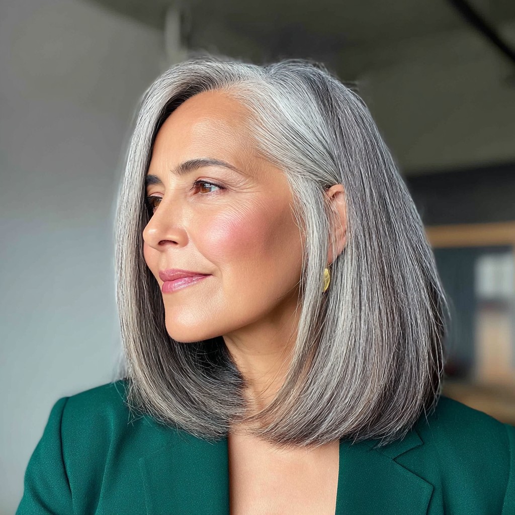 Modern Silver Long Bob with Subtle Textured Ends