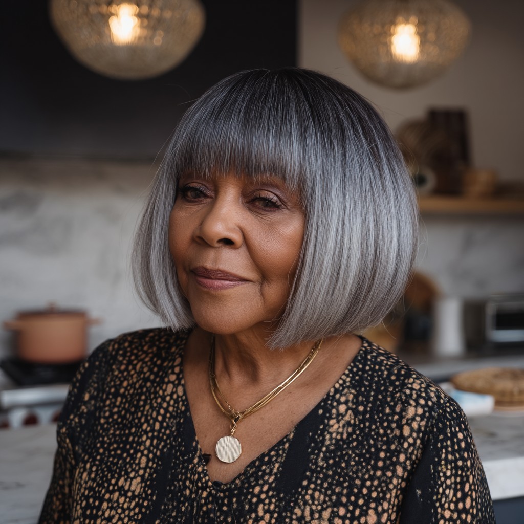 Modern Silvery Jaw-Length Bob with Blunt Bangs