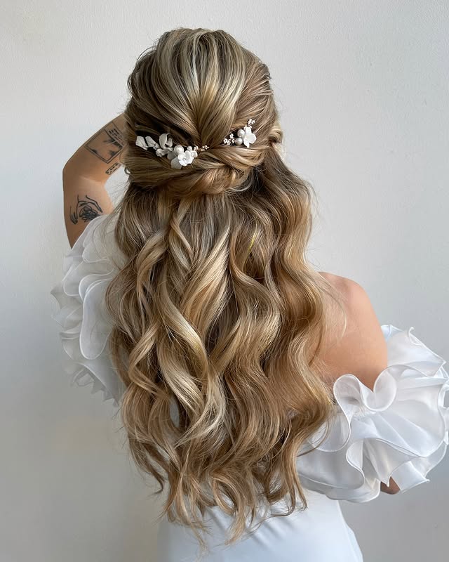 Romantic Half-Up Half-Down Waves with Floral Accents