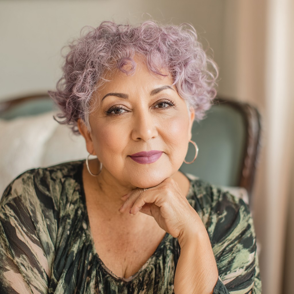Soft Lavender Curly Pixie with Defined Curls