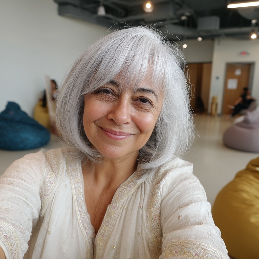 Soft Layered Silver Bob with Wispy Bangs