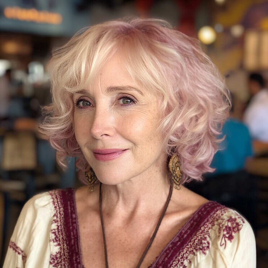 Softly Curled Butterfly Cut with Subtle Pink Highlights