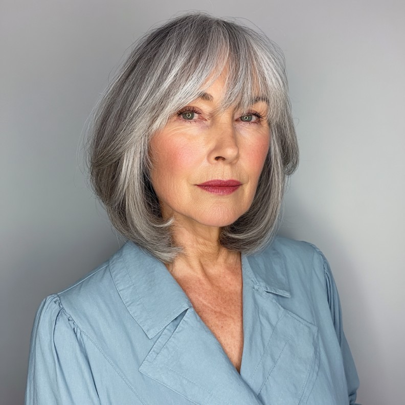 Softly Layered Silver Bob with Face-Framing Bangs