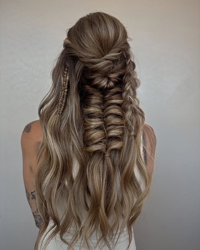Stylish Half-Up Half-Down Braided Elegance with Textured Loops