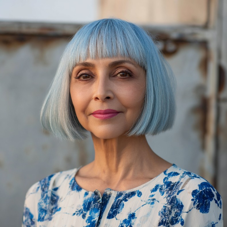 Stylish Pastel Blue Blunt Bob with Soft Edges