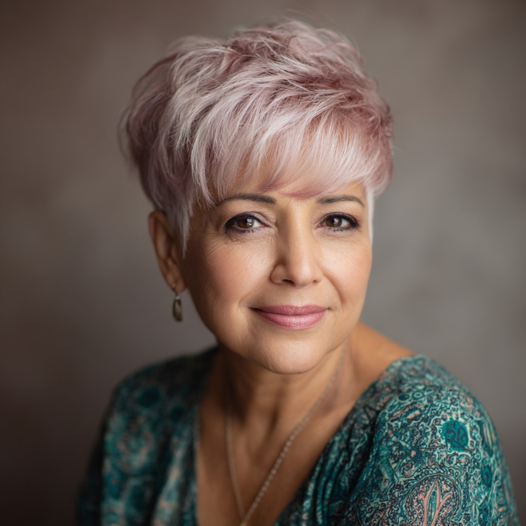 Stylish Textured Pixie Cut with Soft Pink Highlights