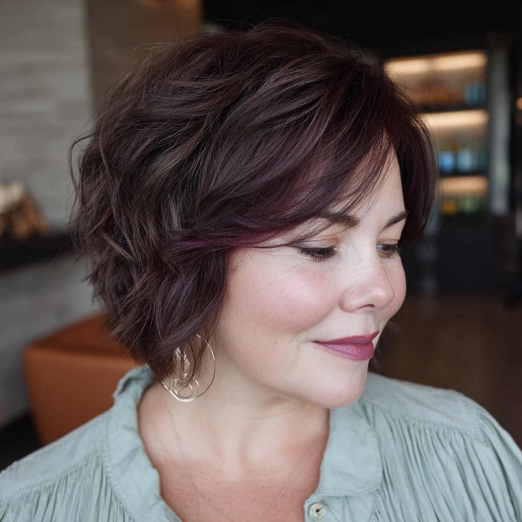 Textured Dark Brown Bob with Subtle Plum Highlights