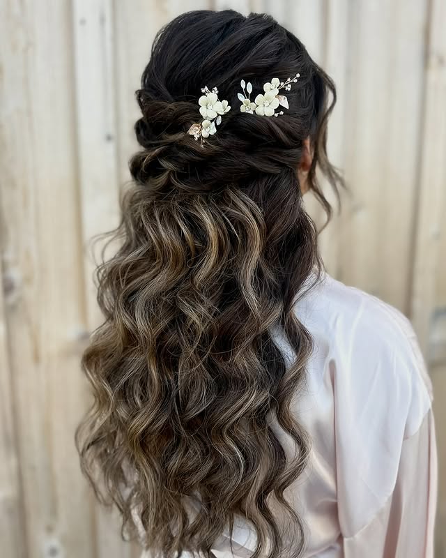 Textured Half-Up Half-Down Curls with Floral Accents