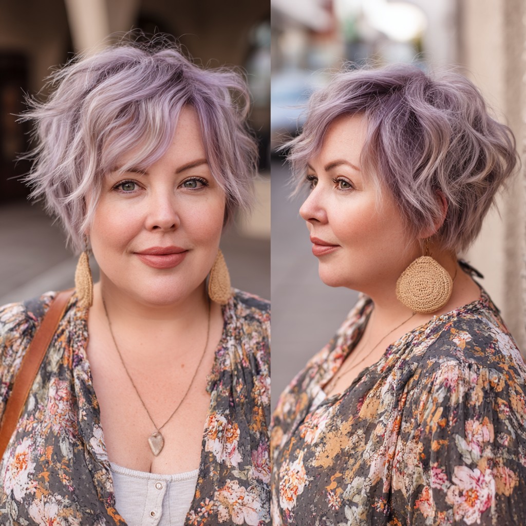 Textured Lavender Shag Cut for Round Faces
