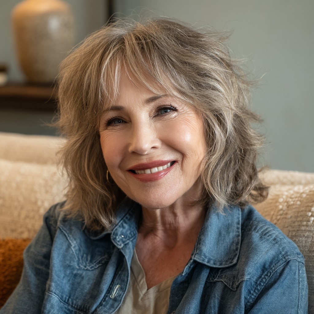 Textured Shoulder-Length Layers with Soft Bangs