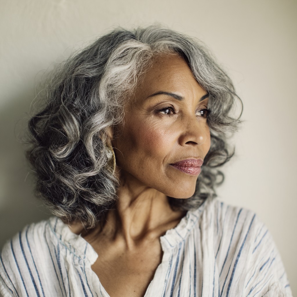 Textured Silver Shoulder-Length Curly Bob