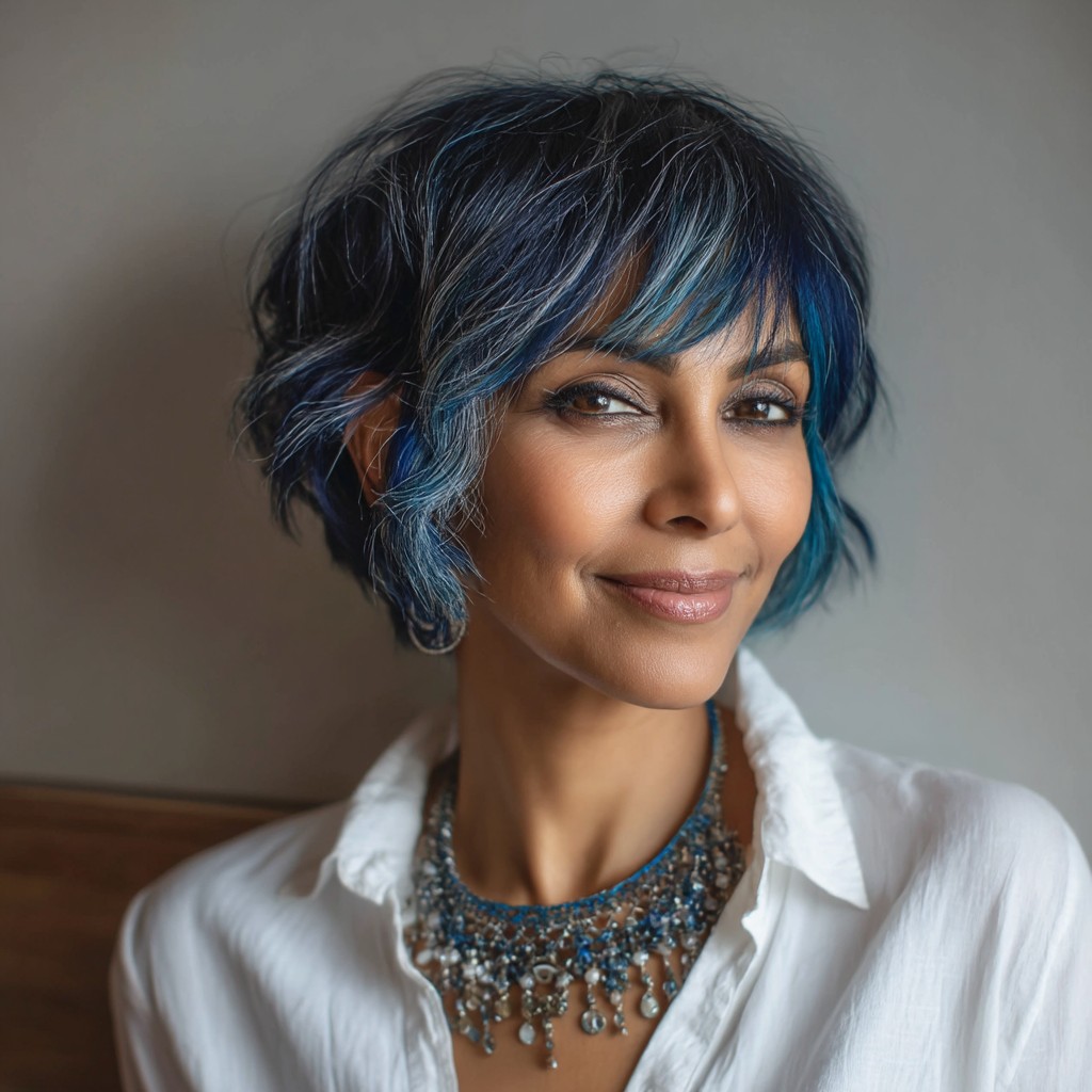 Vibrant Layered Bob with Blue Highlights