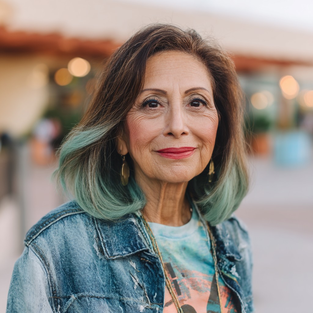 Vibrant Shoulder-Length Hair with Teal Highlights
