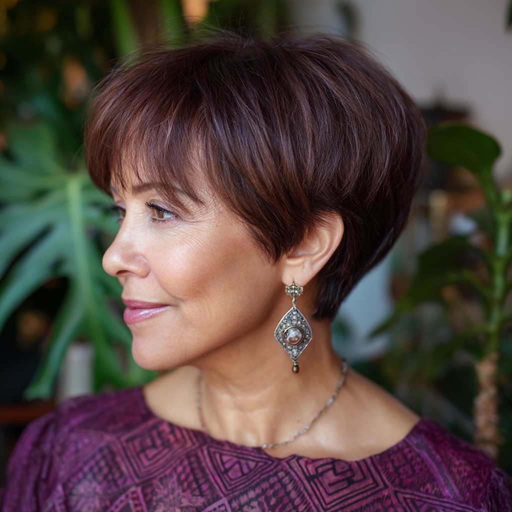 Modern Short Wedge Cut with Rich Chocolate Tones