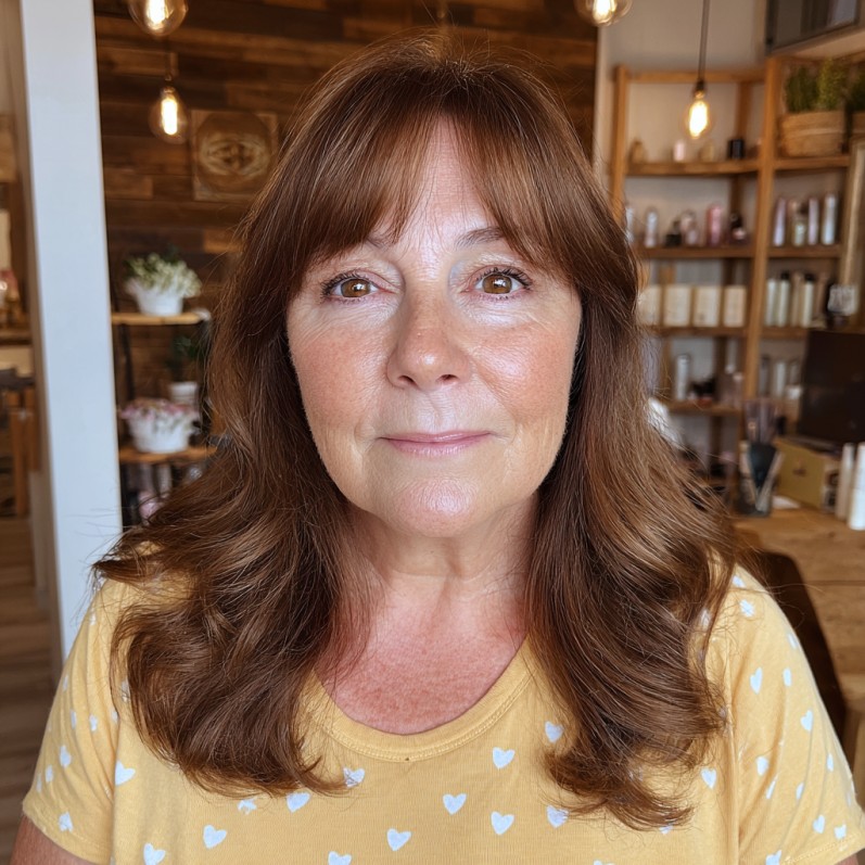 Warm-Toned Layered Hush Cut with Soft Face-Framing Bangs
