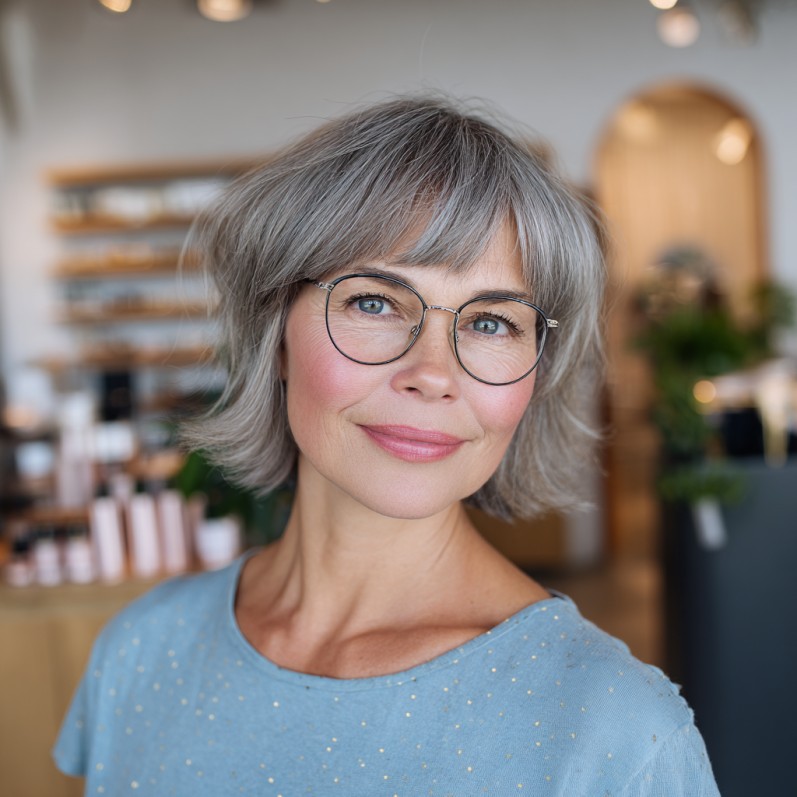 Chic Feathered Gray Bob with Soft Layers
