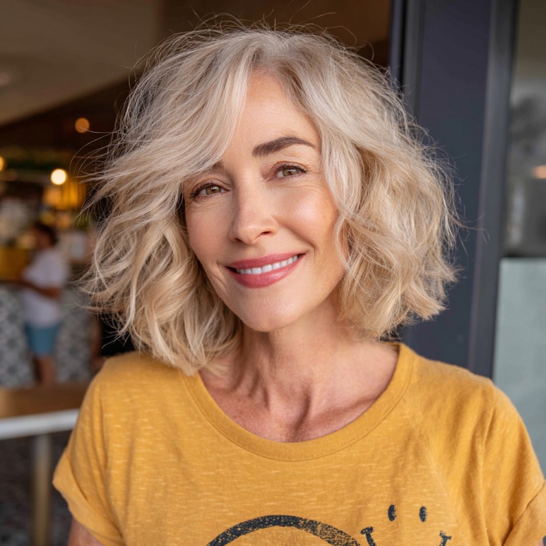 Textured Blonde Bob with Playful Waves