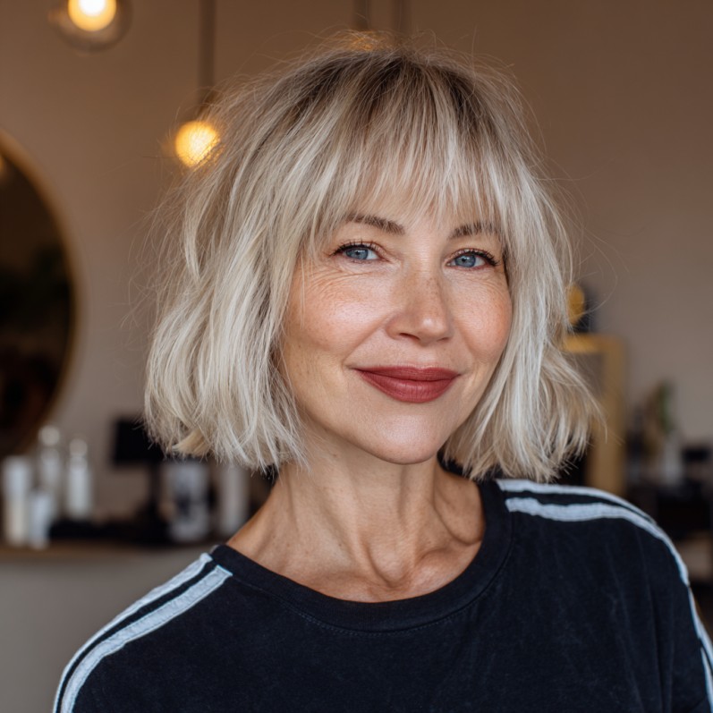 Textured Blonde Bob with Wispy Bangs